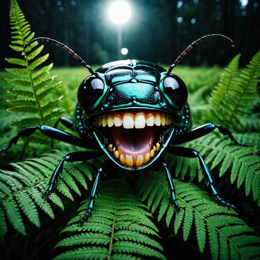 Surreal Iridescent Beetle with Human Teeth on Ferns