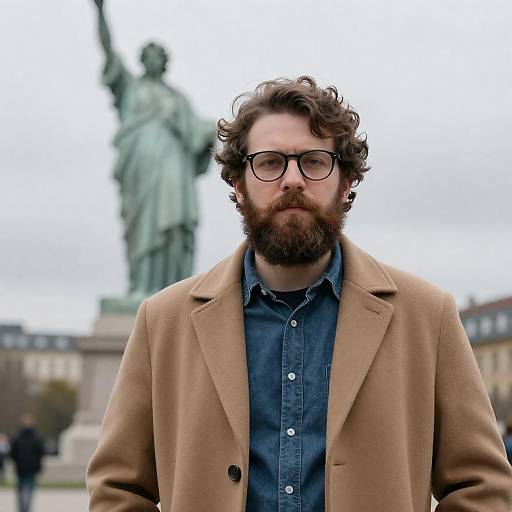 Bearded Man with Glasses by Statue