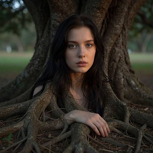 Photorealistic portrait of a young woman with long dark hair, blue eyes, and fair skin, leaning against a large tree with sprawling roots in a
