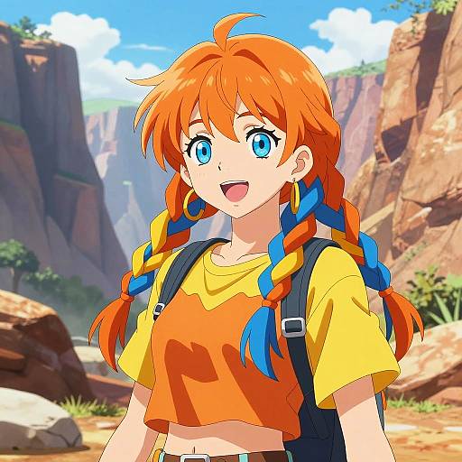 Anime Girl with Colorful Braids in Canyon