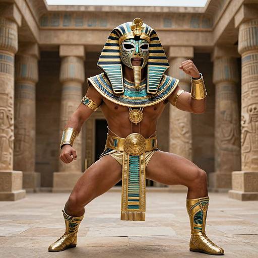 Photograph of muscular man in Egyptian pharaoh costume, striped headdress, gold armor, and blue-green accents, striking a powerful stance in ancient temple
