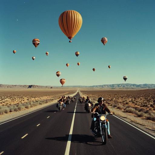 Vintage Motorcyclists and Hot Air Balloons over Desert Highway Vintage Motorcyclists and Hot Air Balloons over Desert Highway