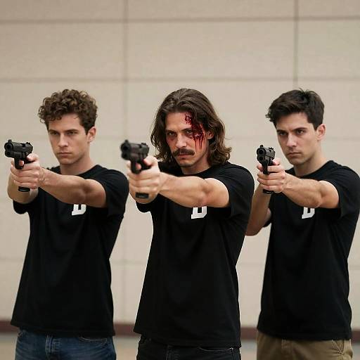 Three Men Aiming Guns in Black T-Shirts