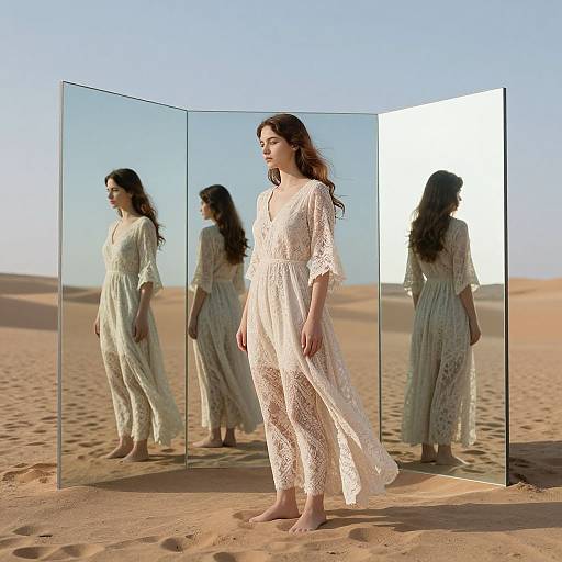 Photograph of a barefoot woman in a white lace dress, standing in a desert, reflected in three mirrored panels. Blue sky, sandy dunes
