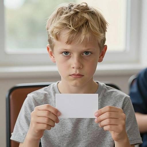 Intense Boy Holding Blank Card
