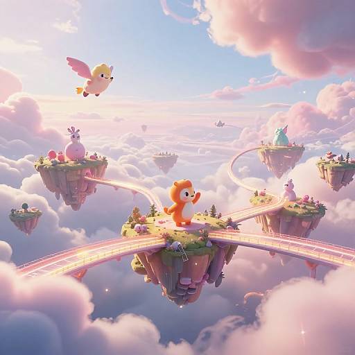 Whimsical CGI scene of floating islands with colorful cartoon animals, including a orange bear on a rainbow bridge, amidst fluffy clouds. A pink-winged