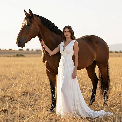 Photograph of a brunette woman in a white, sleeveless, V-neck gown standing beside a tall, dark brown horse in a golden, grassy