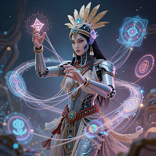 Digital artwork of a futuristic, cyberpunk-style female warrior with metallic armor, glowing blue and pink magical symbols, and a gold feathered headdress,
