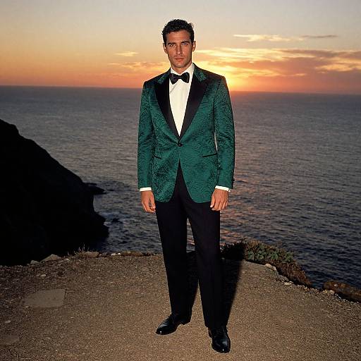 Photograph of a man in a green velvet tuxedo with black bowtie, standing on a cliff at sunset, ocean in background.