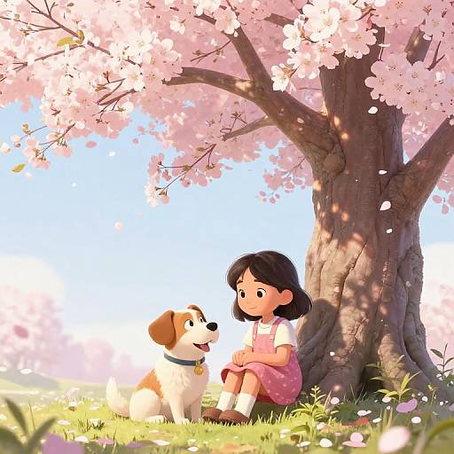Digital illustration of a girl with black hair in a pink dress and white socks, sitting under a blooming cherry tree, smiling at a brown and white