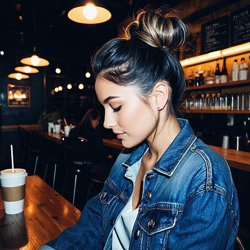 Woman with Loose Bun in Denim Jacket at Urban Café