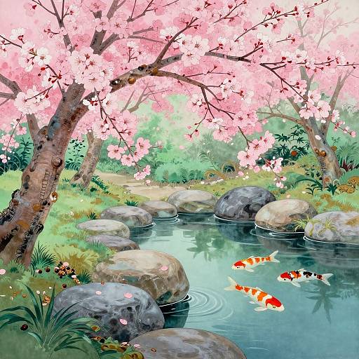 Serene Japanese Garden with Cherry Blossoms