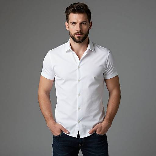 Photograph of a handsome, bearded man with short dark hair, wearing a fitted white button-up shirt and dark jeans, standing against a plain gray