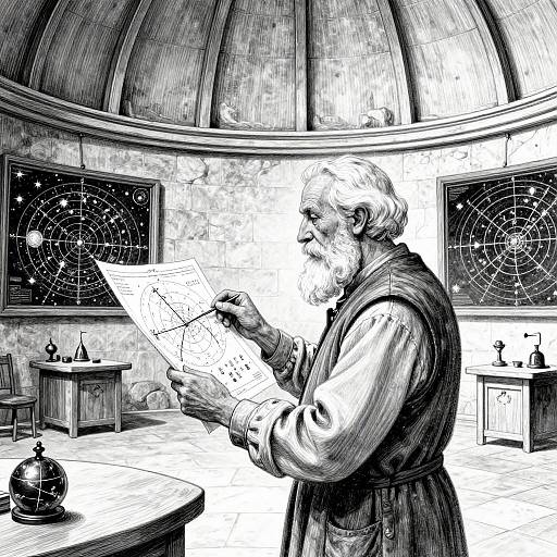 Black-and-white illustration of an elderly bearded man with a white beard, wearing a vest, studying a star chart in a domed, astronomical observ
