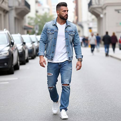 Photograph of a bearded man in a blue denim jacket, white t-shirt, ripped jeans, and white sneakers walking down a city street. Bl
