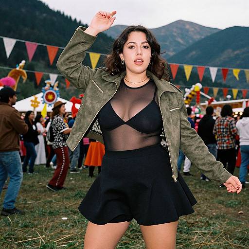 Photograph of a confident Latina woman with wavy brown hair, wearing a sheer black top and black skirt with a green jacket, dancing outdoors at a