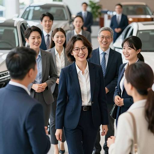 Photograph of diverse, smiling Asian professionals in business attire, shaking hands and standing in front of parked cars in a bright, modern showroom.