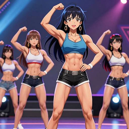 Anime-style digital artwork of muscular women in sports bras and shorts, flexing in a brightly lit stage, with colorful spotlights.