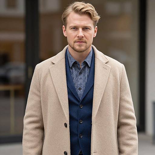 Man in Beige Overcoat and Blue Vest