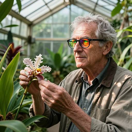 Photograph of an elderly man with white hair and glasses, holding a white orchid in a sunlit greenhouse, wearing a brown jacket and checkered