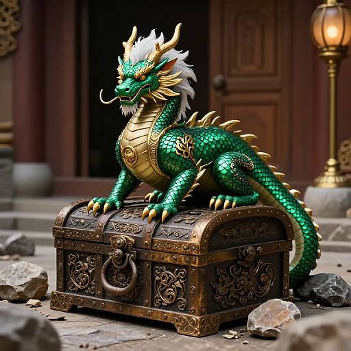 Emerald Dragon Guarding Ornate Treasure Chest