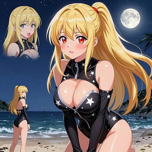 Anime-style digital illustration of a blonde woman with red eyes in a star-patterned black one-piece swimsuit, moonlit beach background. Three poses: