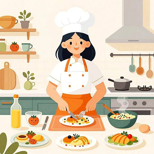 Cheerful Female Chef Cooking in Modern Kitchen
