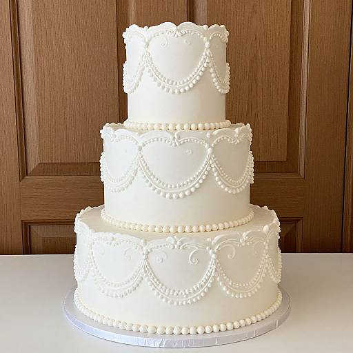Photograph of a three-tiered white wedding cake with intricate pearl bead and swag decorations, set against a wooden door background.