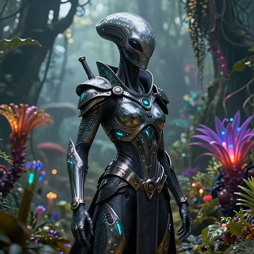 Digital CGI of a sleek, silver, futuristic alien warrior with glowing blue accents, standing in a vibrant, colorful, alien forest.