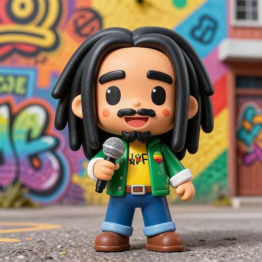 Chibi-style cartoon man with black dreadlocks, green jacket, yellow shirt, blue jeans, brown shoes, holding microphone, standing in colorful graffiti background