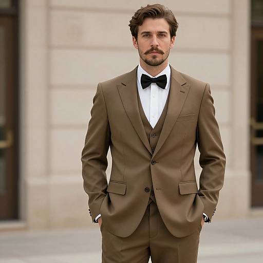 Photograph of a handsome, bearded man with wavy brown hair, wearing a brown three-piece suit, white shirt, and black bow tie,