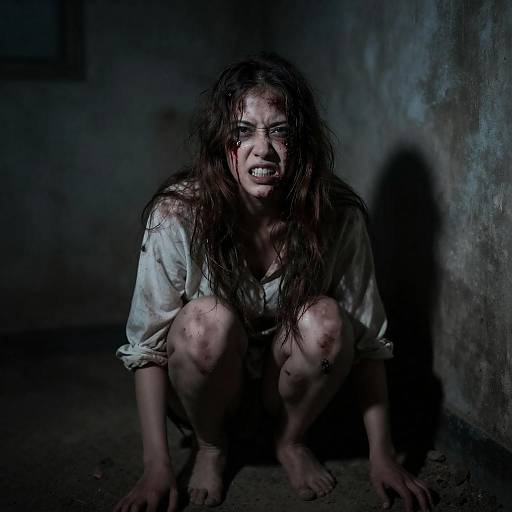 Disheveled Woman Crouching in Shadows