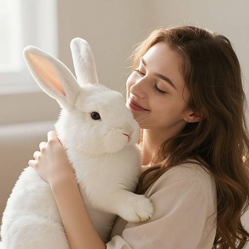 Photograph of a smiling young woman with long brown hair hugging a white fluffy rabbit, bathed in soft natural light.