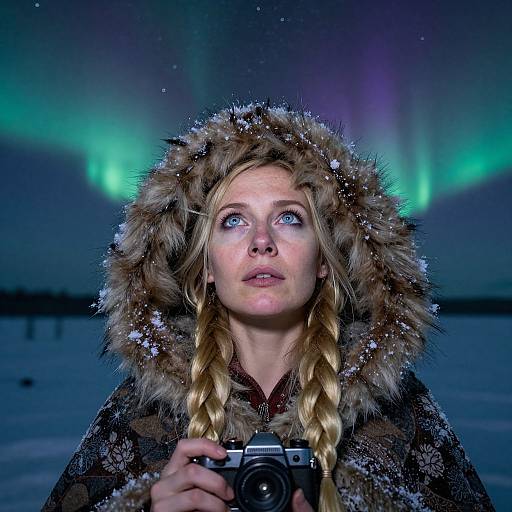 Photograph of a blonde woman with braided hair wearing a fur hooded coat, holding a camera, against a Northern Lights backdrop.