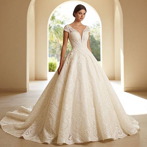 Photograph of a beautiful woman in a white, lace-embellished, full-skirted wedding gown, standing in a sunlit, ar