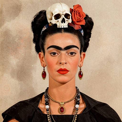 Digital portrait of a woman with dark hair, red lipstick, and black dress, wearing a skull and rose headpiece, red earrings, and beaded
