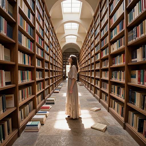 Photograph of a woman in a long, white lace dress standing in a sunlit, wooden bookshelf-filled library aisle with scattered books on the floor