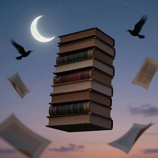 Stack of antique books floating in twilight sky with crescent moon, silhouetted birds, and flying papers. Digital artwork.