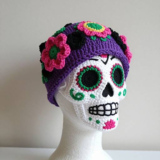 Photograph of a white mannequin head with a colorful crocheted Day of the Dead skull hat, featuring purple, pink, and green flowers