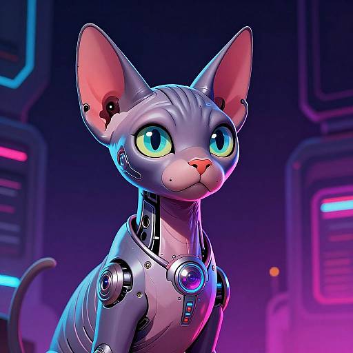 Digital art of a futuristic, cybernetic grey cat with glowing blue eyes and neon-lit robotic joints, set against a dark, neon-lit