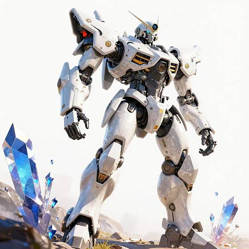 Digital art of a towering white and black robotic mecha with glowing red eyes, standing amidst shattered blue crystals against a bright white background. Dynamic, futuristic