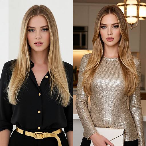 Photograph of a fair-skinned, blue-eyed woman with long, straight blonde hair, wearing a black button-up shirt with gold buttons and gold belt