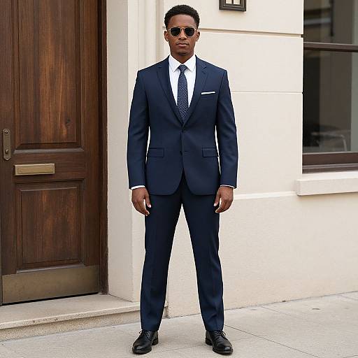 Photograph of a Black man in a dark navy suit, white shirt, black tie, and sunglasses, standing in front of a wooden door and beige