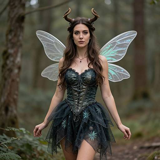 Photograph of a fair-skinned woman with dark brown hair, wearing a black lace corset, tulle skirt, translucent wings, and horned