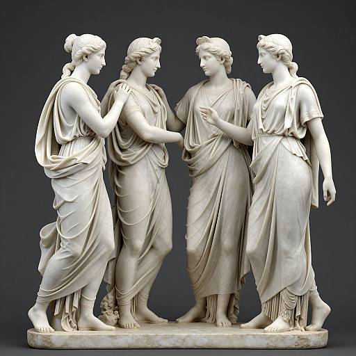 Photograph of a classical marble sculpture depicting four robed, Greco-Roman-style women standing closely, gazing at each other, with intricate dr