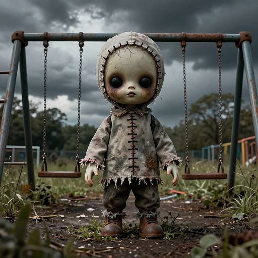 Photograph of a creepy, stitched-together doll in tattered clothing standing on a rusty playground swing set under a dark, stormy sky.