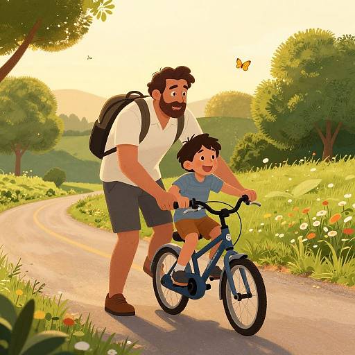 Illustration of a bearded man with a backpack guiding a young boy on a blue bicycle along a sunny, flower-lined path.