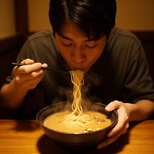 Photograph of an Asian man with short black hair, wearing a dark shirt, eating noodles with chopsticks from a steaming bowl. Warm, dim