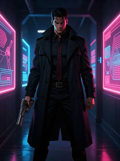 Mysterious Bounty Hunter in Futuristic Corridor