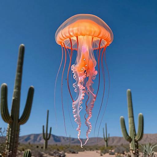 Photograph of a vibrant orange jellyfish with long, wavy tentacles floating above a desert landscape with tall cacti and clear blue sky.